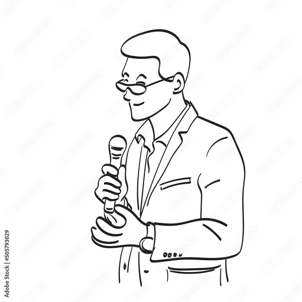 line art businessman with glasses holding microphone illustration vector hand drawn isolated on white background line art businessman with glasses holding microphone illustration vector hand drawn isolated on white background