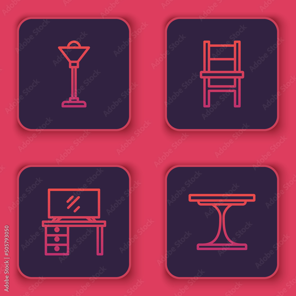 Set line Floor lamp, TV table stand, Chair and Round. Blue square button. Vector