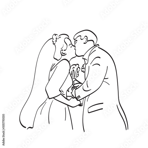 line art bride and groom kissing illustration vector hand drawn isolated on white background
