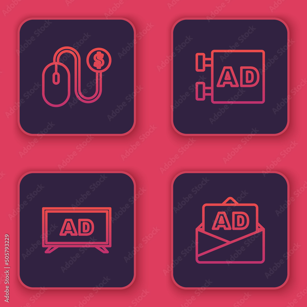 Set line Advertising, , and . Blue square button. Vector Set line Advertising, , and . Blue square button. Vector