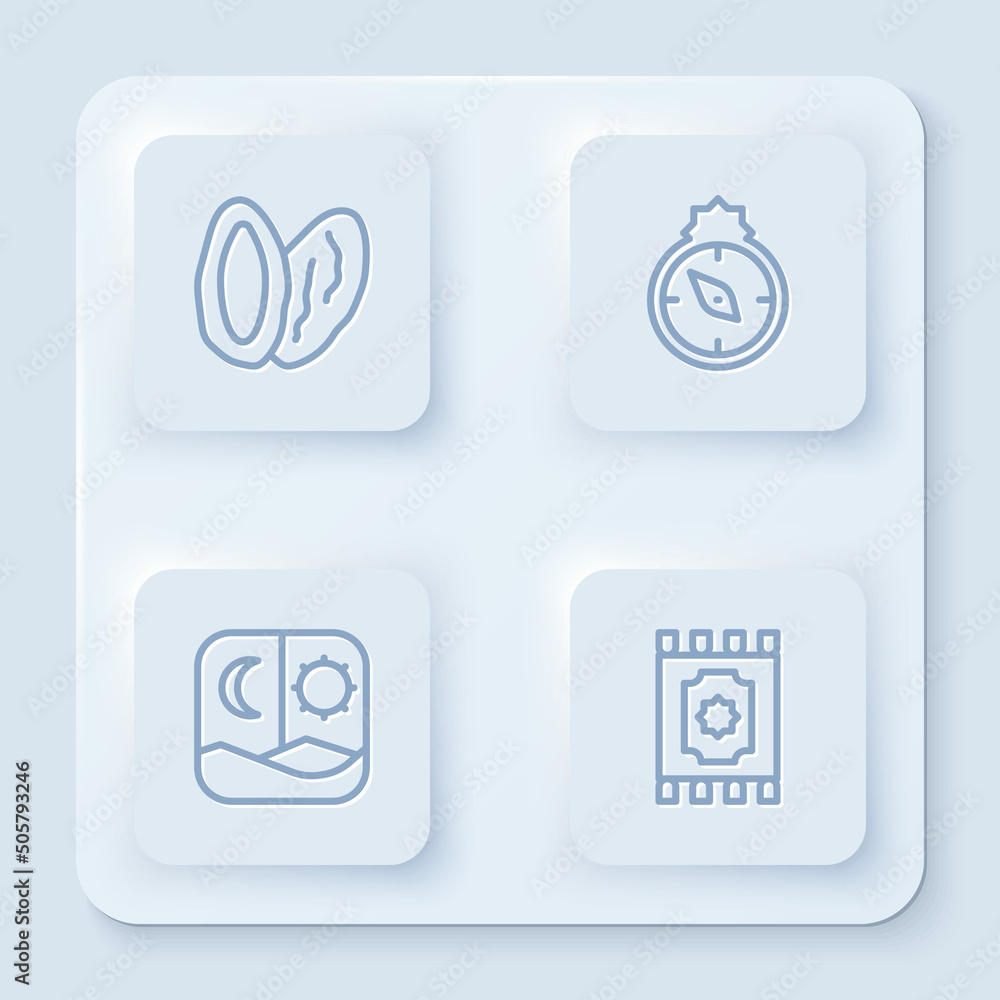 Set line Date fruit, Qibla, Ramadan fasting and Traditional carpet. White square button. Vector Set line Date fruit, Qibla, Ramadan fasting and Traditional carpet. White square button. Vector