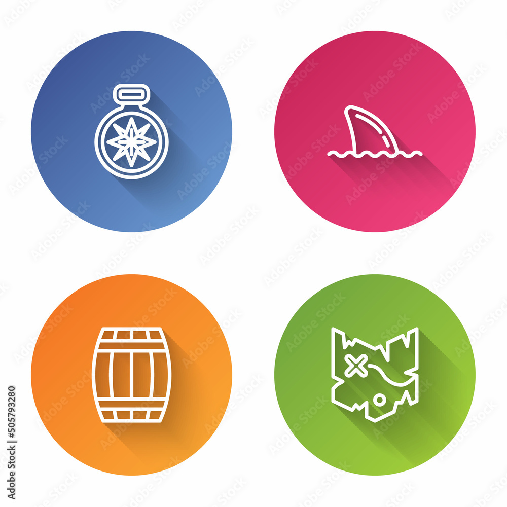 Set line Compass, Shark fin in ocean wave, Wooden barrel and Pirate treasure map. Color circle button. Vector