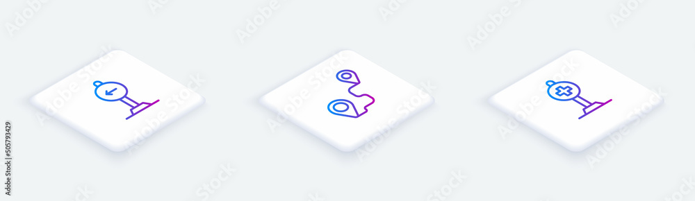 Set Isometric line Traffic sign turn left, Route location and Location with cross hospital. White square button. Vector Set Isometric line Traffic sign turn left, Route location and Location with cross hospital. White square button. Vector