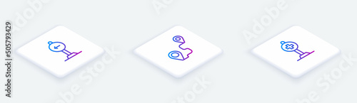 Set Isometric line Traffic sign turn left, Route location and Location with cross hospital. White square button. Vector