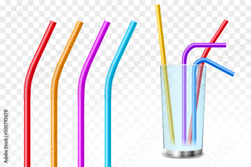 Straw pipe plastic tube vector illustration. Glass cup on transparent pipe paper bamboo organic straw stripe eco mockup