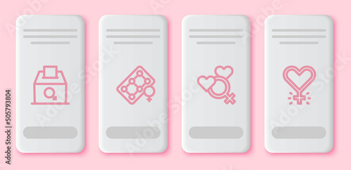 Set line Female vote right, Packaging of birth control pills, gender and Feminism. White rectangle button. Vector