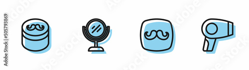 Set line Barbershop, Gel or wax for hair styling, Hand mirror and Hair dryer icon. Vector