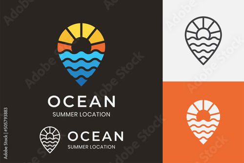 sunny place logo design with pin map and summer sun sign, icon, symbol for beach travel agency company logo