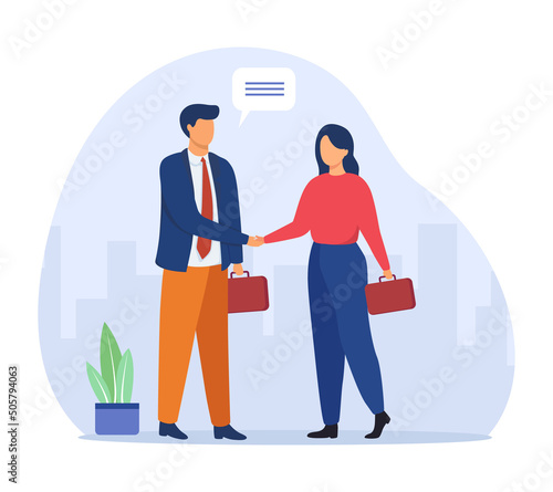 Man and woman shaking hand. Business partners saying hello or closing deal. Hiring and cooperation concept. Vector illustration.