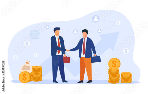 Bussines partners handshakes in vector illustration.  Bussines agreement and regulations concept. Vector businessmen concluding agreement for success.