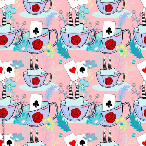 Alice in wonderland seamless pattern with Alice fallen to cup, roses, playing cards and flowers. Cute, funny childish background.