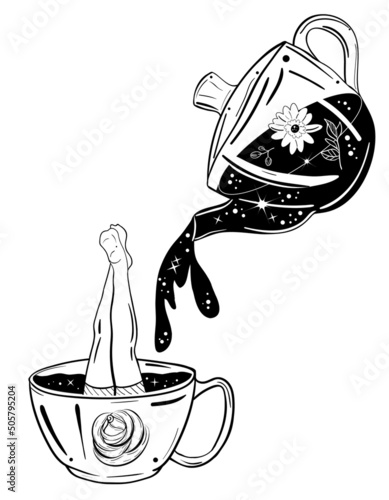 Minimalistic tattoo with sexy legs and teapot. Pinup vibes.