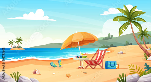 Tropical beach landscape with beach chair and umbrella on the seashore. Summer vacation cartoon vector concept