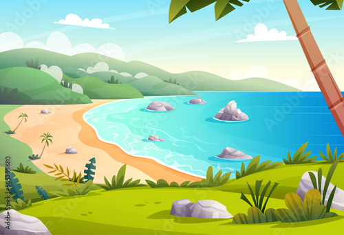Ocean bay panorama with seashore and hill view concept. Tropical beach vacation cartoon landscape illustration