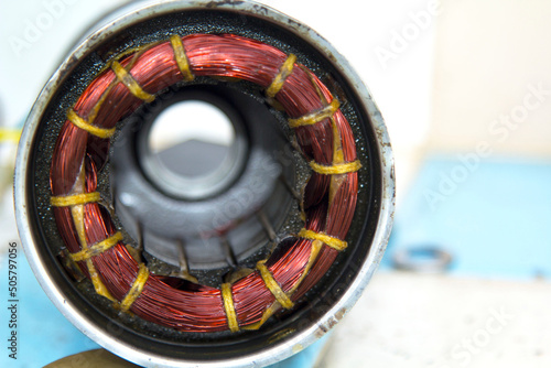 The car dynamo is awaiting repair for reuse as a source of energy in the car. Is a circle surrounded by copper, a source of electric current photo