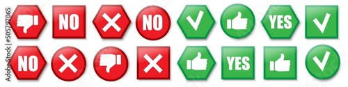 Icons yes no. Checkmark right vector icon. Gesture stop. Thumb up like icon. Vector illustration. Stock image. 