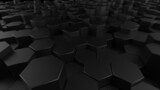 Abstract background with waves made of black futuristic honeycomb mosaic geometry primitive forms that goes up and down under black-white lighting. 3D illustration. 3D CG. High resolution.