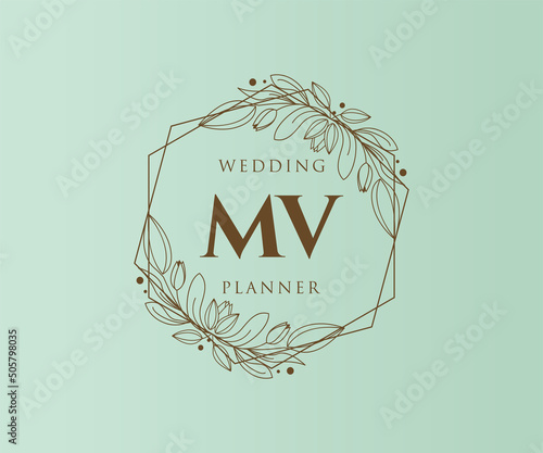 MV Initials letter Wedding monogram logos collection, hand drawn modern minimalistic and floral templates for Invitation cards, Save the Date, elegant identity for restaurant, boutique, cafe in vector photo