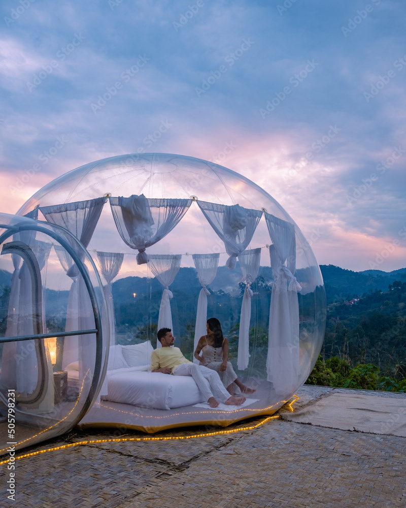 Bubble dome tent glamping in the mountains of, Transparent bell tent with  comfortable bed and pillow in the forest, glamping hotel, luxury travel,  glamourous camping. Photos | Adobe Stock