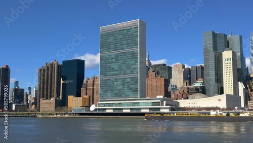  New York City skyscrapers on the river canal. High-quality video