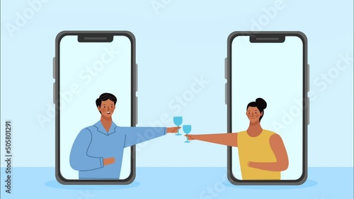 couple toasting in smartphones animation photo