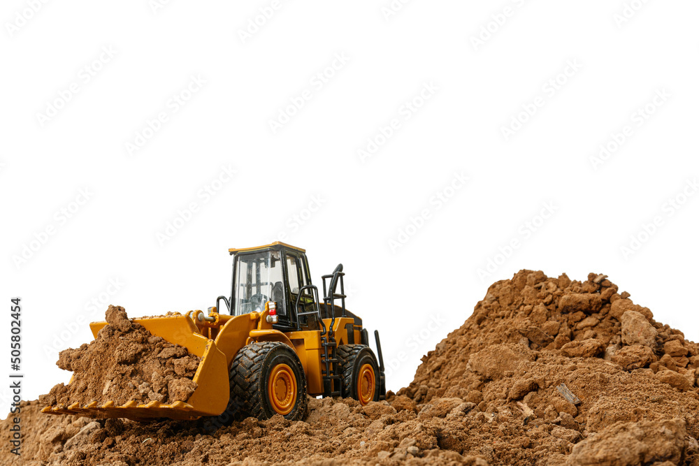 Wheel loader are digging the soil in the construction site  isolated on white background