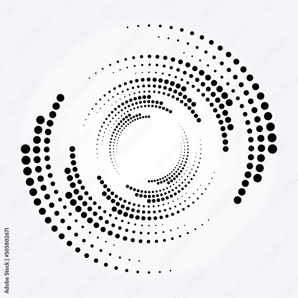 Halftone design element. Abstract background. Dotted round logo. Halftone swirl object. Halftone dots circle texture, pattern, object. Vector art illustration.	