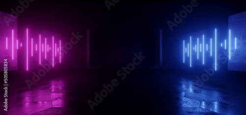 Sci Fi Futuristic Club Night Dance Equalizer Neon Glowing laser Lights Garage Hangar Grunge Concrete Asphalt Purple Blue Tunnel Corridor 3D Rendering