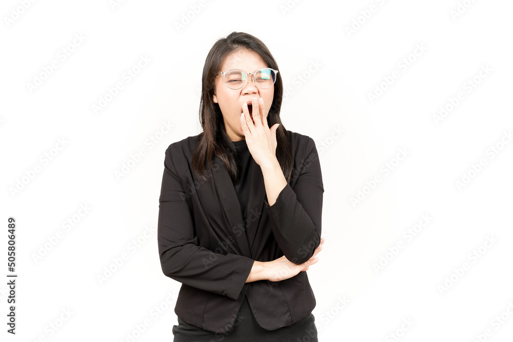 Yawning Gesture Of Beautiful Asian Woman Wearing Black Blazer Isolated On White Background Yawning Gesture Of Beautiful Asian Woman Wearing Black Blazer Isolated On White Background