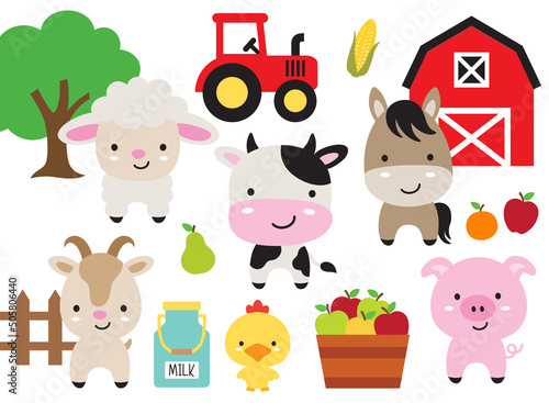 Cute farm barn animals including a cow, horse, sheep, pig, goat, and chicken vector illustration.