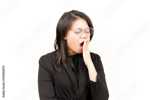 Yawning Gesture Of Beautiful Asian Woman Wearing Black Blazer Isolated On White Background