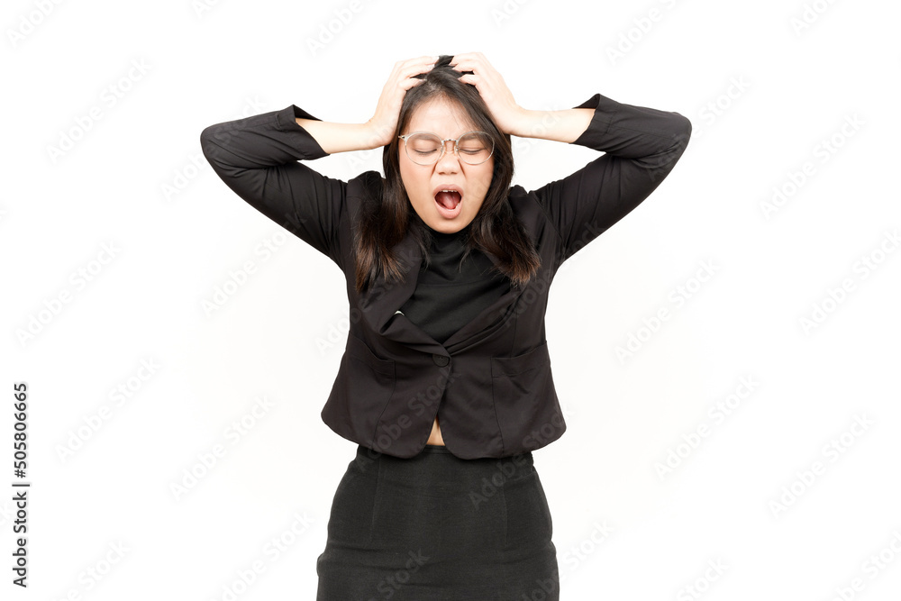 Suffering Headache Of Beautiful Asian Woman Wearing Black Blazer Isolated On White Background Suffering Headache Of Beautiful Asian Woman Wearing Black Blazer Isolated On White Background