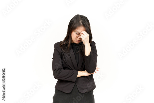 Suffering Headache Of Beautiful Asian Woman Wearing Black Blazer Isolated On White Background