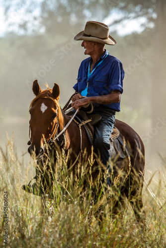 A 90 year old stockman on his horse telling a yarn. photo