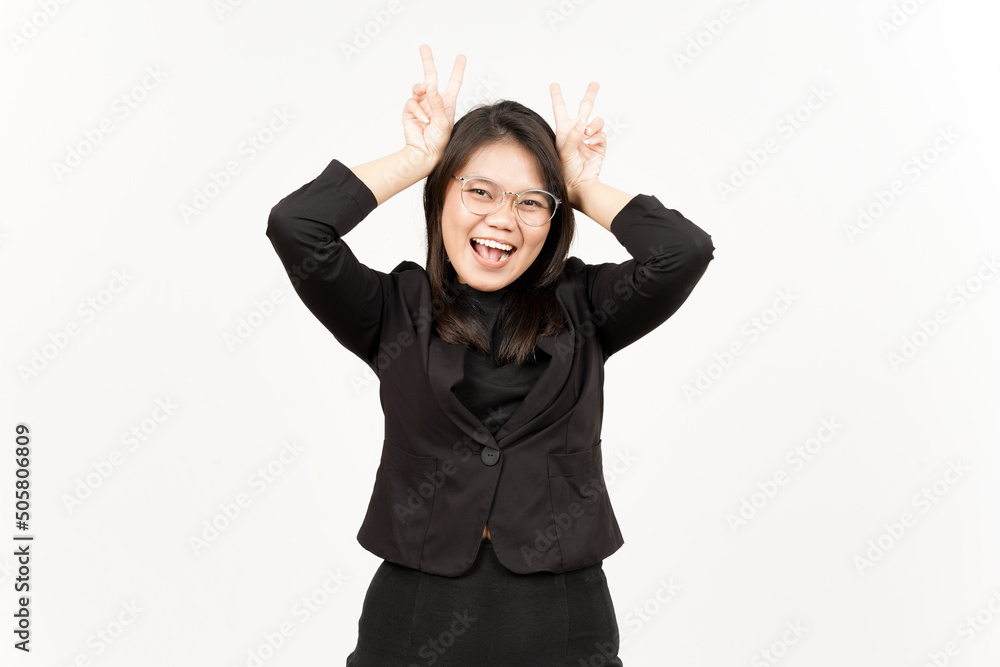 Showing Peace Sign Of Beautiful Asian Woman Wearing Black Blazer Isolated On White Background Showing Peace Sign Of Beautiful Asian Woman Wearing Black Blazer Isolated On White Background