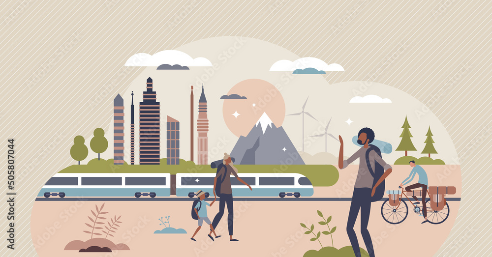 Save earth and consider your travel to reduce CO2 footprint tiny person concept. Support local tourism and explore nearby places for ecotourism and sustainable transportation vector illustration. - obrazy, fototapety, plakaty 