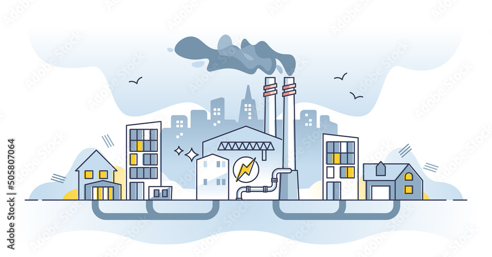 Powering buildings with electricity from power plant station outline concept. Energy distribution with transmission lines vector illustration. Household electrical supply facility in urban environment