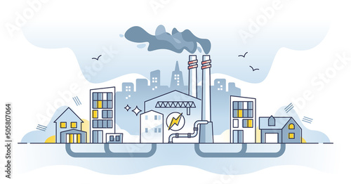 Powering buildings with electricity from power plant station outline concept. Energy distribution with transmission lines vector illustration. Household electrical supply facility in urban environment