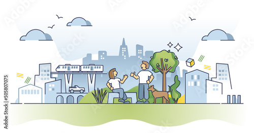Urban ecology and human relationship with nature in city outline concept. Environmental town scene with green park and modern buildings vector illustration. Sustainable residential ecosystem scene.