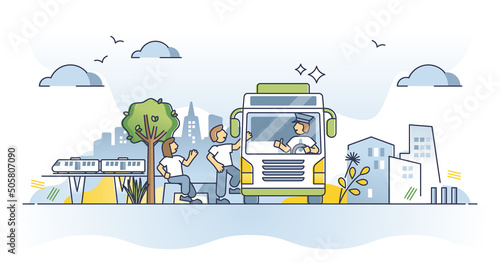 Public transportation usage and city bus with passengers outline concept. Town route station with waiting people in line for transit shuttle vector illustration. Use urban and modern shuttle for trip