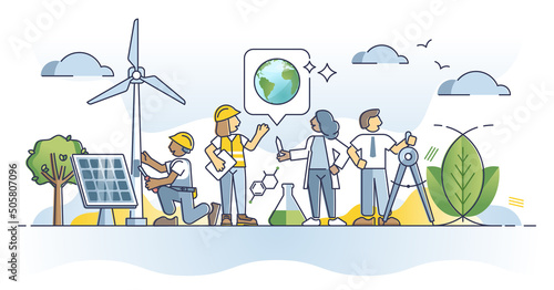 Green collar workers as environmental sector occupation outline concept. Professional job with sustainable and eco friendly power management vector illustration. Renewable nature resources service. photo