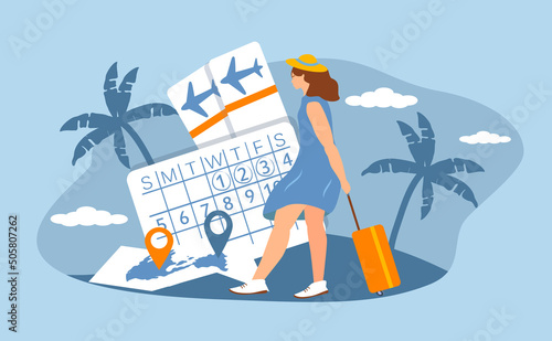 vector illustration in a flat style on the theme of vacation, vacation, travel. The girl is walking along the beach with a suitcase. Nearby - air tickets, calendar, map