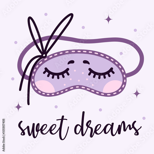 Sleep mask vector icon. Cute night wear with painted closed eyes, eyelashes. Cozy accessory for evening relaxation, dreams. Flat cartoon style, hand drawn doodle. Eye rest mask
