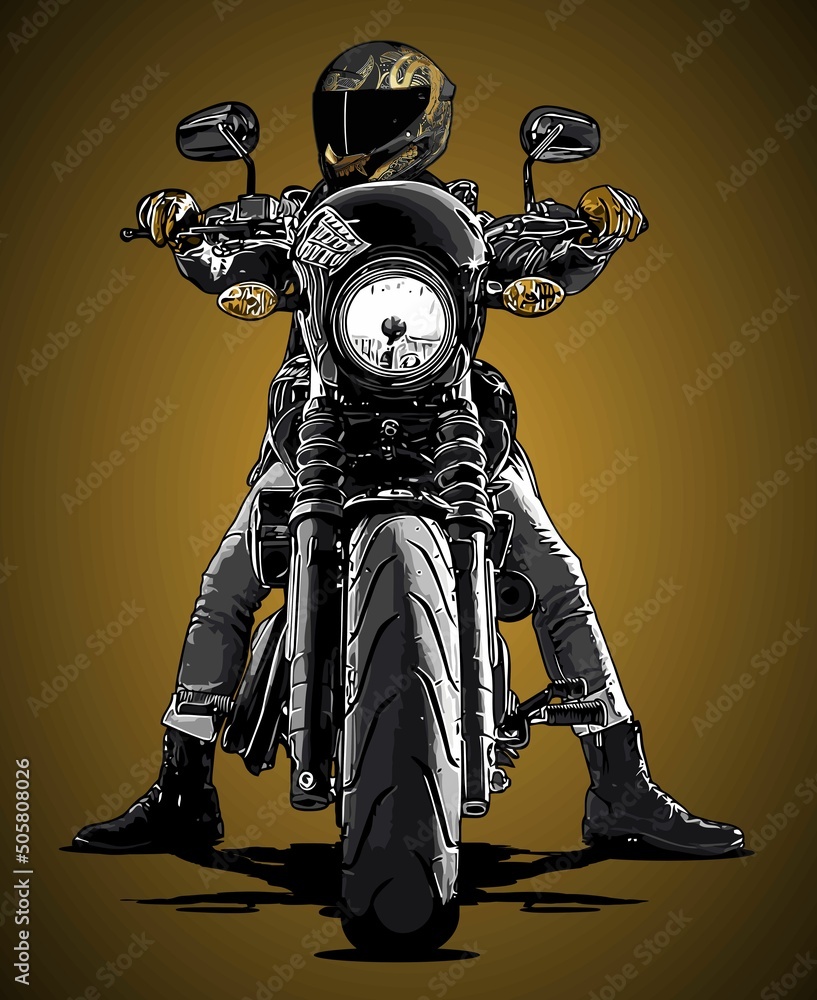 biker in leather jacket front view - obrazy, fototapety, plakaty 