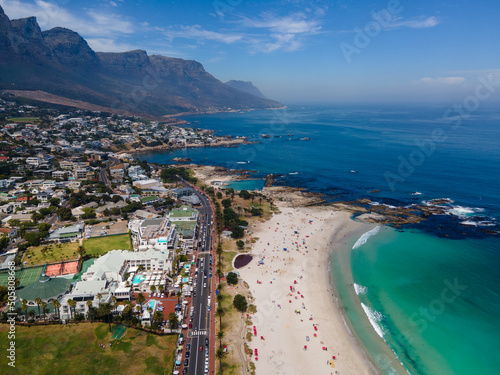 View from The Rock viewpoint in Cape Town over Campsbay, view over Camps Bay with fog over the ocean. fog coming in from ocean at Camps Bay Cape Town