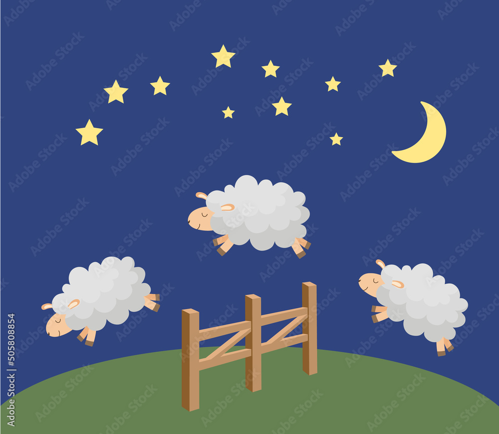 Cute cartoon three sheep jumping over fence at night. Counting sheep to ...
