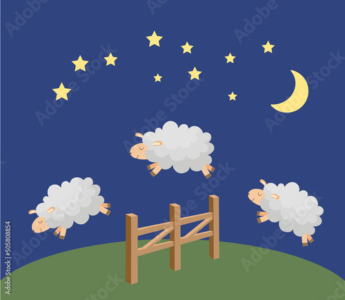 Cute cartoon three sheep jumping over fence at night. Counting sheep to fall asleep. Good night sleep metaphor poster. Vector illustration.