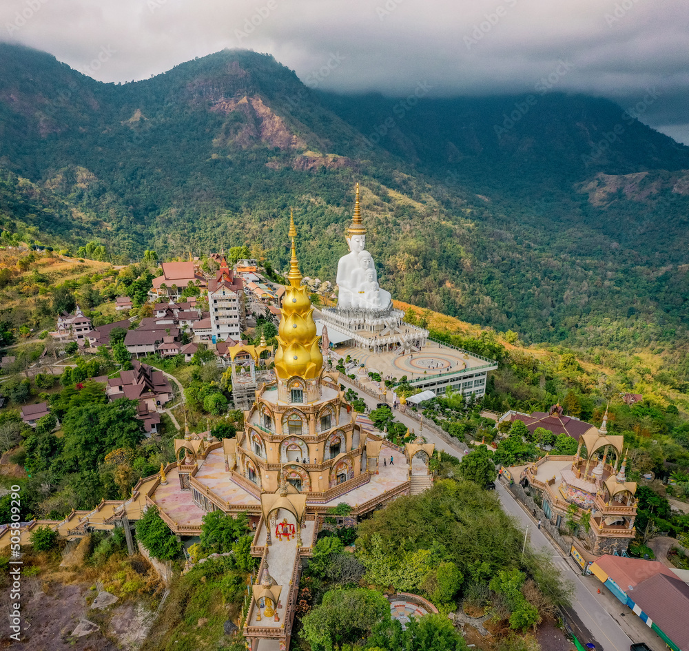 Aerial view of Wat Phrathat Pha Sorn Kaew, white buddha temple in Phetchabun, Thailand