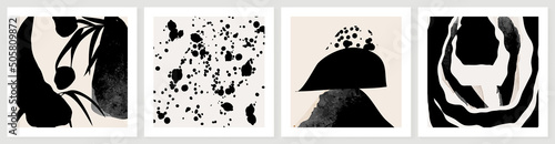 Set of abstract geometric wall art template. Black and white color, organic shapes, ink paint, monochrome. Collection of abstract wall decoration perfect for decorative, interior, prints, banner.