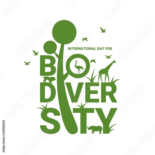 Biodiversity vector typography, with silhouettes of wild animals, as a banner or poster, International Day for Biodiversity.